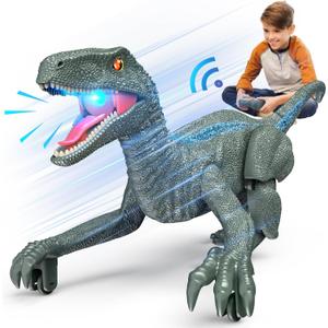 J Rootage Remote Control Dinosaur, Realistic Dinosaur Toys for Kids 3-5, 2.4GHZ, Walking,Rechargeable, 3D Eyes, 3 Sound Effects, Demo Function, Jurassic Toys for Christmas, Kids 3+ (Green)