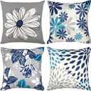 Blue Decorative Throw Pillow Covers 18x18 Set of 4, Blue and Grey Modern Daisy Floral Pillows Linen Pillow Covers for Couch Sofa Living Room