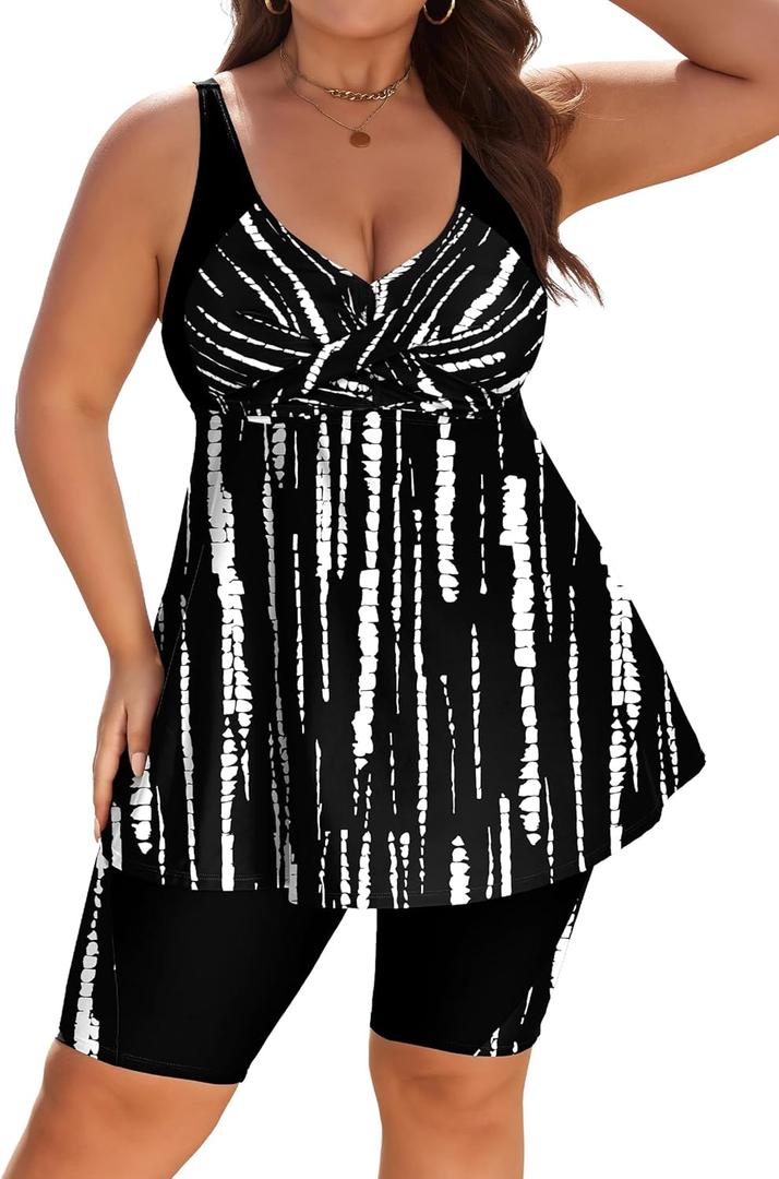 Arolina Plus Size Swimsuit for Women Two Piece Modest Tankini Full Coverage Tummy Control Bathing Suits with Shorts (Large, Black Stripes)