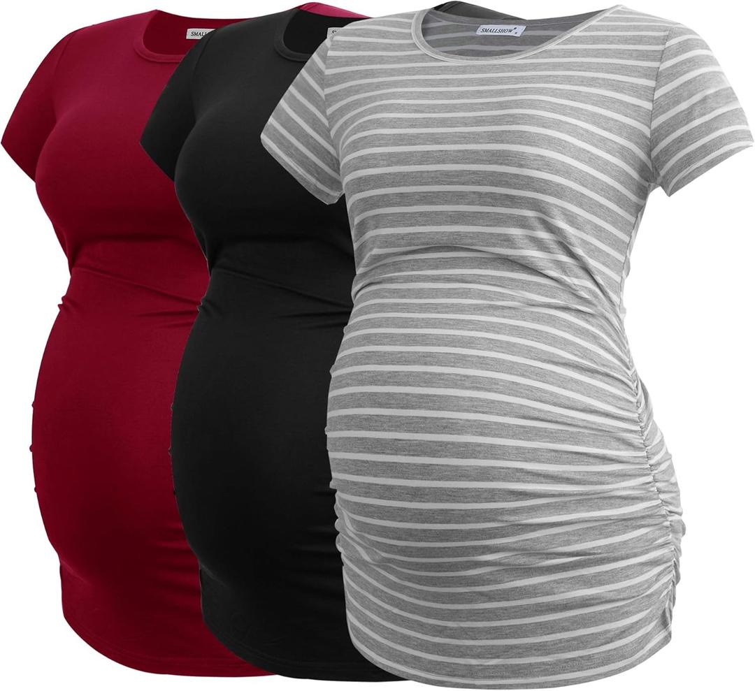 Smallshow Women's Maternity Tops Side Ruched Tunic T-Shirt Pregnancy Clothes (X-Large, Black/Light Grey Stripe/Wine)