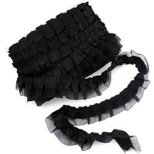 Pandahall 21.8 Yards Satin Organza Lace Edge Trim 2-Layer Gathered Ruffle Chiffon Ribbon 1-5/8 Inch Black Pleated Edging Trimmings Fabric for Cloth Sewing Embroidered Applique Wedding Party Decor