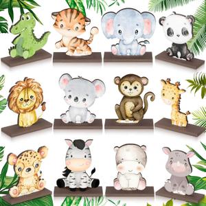 Yaomiao 12 Pcs Safari Jungle Animal Wooden Table Centerpiece Cutout Shapes Forest Painted Baby Shower Decorations Wild Creatures Wood Table Sign for Forest Camp Birthday Party Supplies