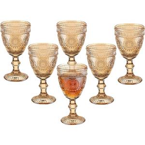 Vintage Glasses Set of 6, 10 Ounces Colored Glass Water Goblets, Unique Flower Embossed Pattern High Clear Stemmed Glassware Wedding Party Bar Glass Drinking Cups Flower Amber Fancy Glasses Vintage Glasses Set of 6, 10 Ounces Colored Glass Water Goblets, Unique Flower Embossed Pattern High Clear Stemmed Glassware Wedding Party Bar Glass Drinking Cups Flower Amber Fancy Glasses