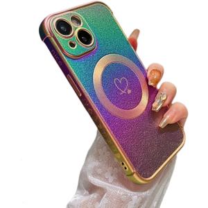 ZTOFERA Magnetic Case for iPhone 15 Plus Case 6.7",Cute Luxury Iridescent Case with Love Hearts Pattern, Plating Edge Camera Lens Protection Shockproof Phone Case for Women Girls, Violet