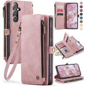 Defencase Compatible with Samsung Galaxy S24 Plus Case Wallet with RFID Blocking Card Holder for Women Men, PU Leather Magnetic Snap Flip Zipper Strap Phone Case Fit for Galaxy S24 Plus 5G 6.7", Pink