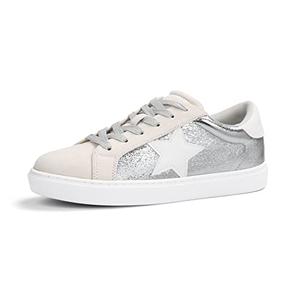 PARTY Women's Fashion Sneaker Lace Up Low Top Comfortable Cushioned Walking Shoes, Podcast, Silver Met, 8.5