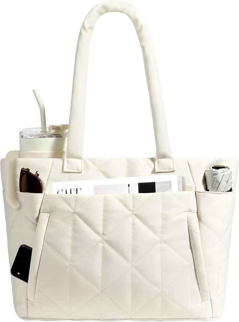 CHUNLI Laptop Tote Bag for Women 15.6 Inch, Quilted Work Shoulder Bag with Multiple Pockets & Luggage Strap for Office Travel (Beige)