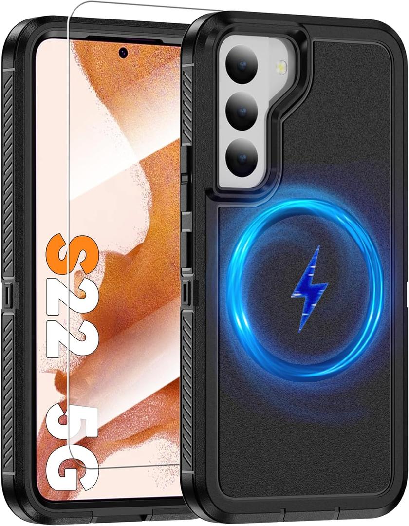 Magnetic Case for Samsung Galaxy S22, [Compatible with Magsafe] [Glass Screen Protector] [Dual Layer Military-Grade Protection] Heavy Duty Shockproof Cover for Samsung S22 6.1 inch, Black