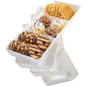 US Acrylic Avant White Plastic Divided Serving Trays (Set of 4) 15 x 5 | Narrow Reusable 3-Section Party Platters | Serve Appetizers, Fruit, Veggies, & Desserts | BPA-Free & Made in USA
