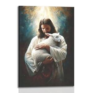 Framed Jesus Holding Lamb Wall Art Canvas Print Religious Christian Poster Catholic Painting Home Decor, Living Room Bedroom Inspirational Picture Ready to Hang 16x24 Inch