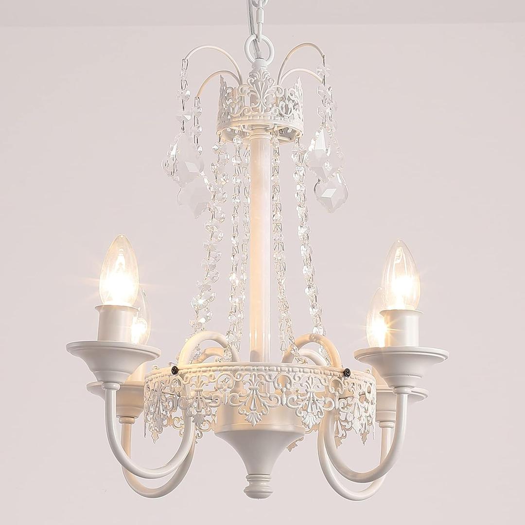 K9 Crystal Mini French Country Chandelier 4 Lights Candle White Chandelier Light Fixtuer for Dining Living Room Bedroom,Girl Room,E12,W18.3 X H17.9