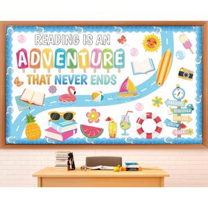 Summer Bulletin Board Decorations Set Reading is an Adventure June July Classroom Decorations Flamingo Books Paper Cutouts with Border for Summer VBS Back to School Library Home Chalkboard Wall Decor, 59.1" x 35.4"