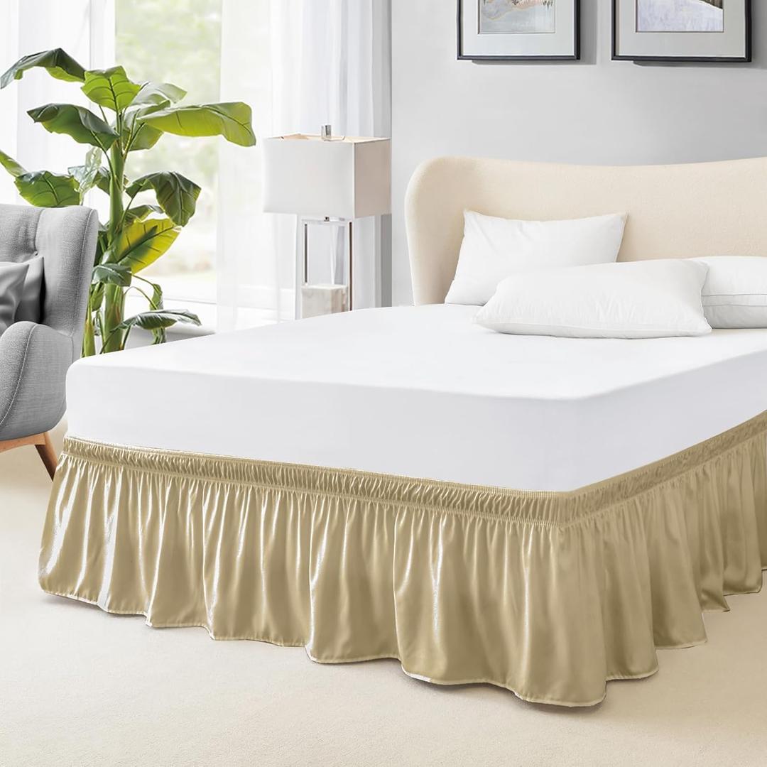 FreshCulture Full Bed Skirt, Elastic Wrap Around Bed Skirt Full Bed, Easy Fit with 15-Inch Tailored Drop, Hotel Quality Dust Ruffle for Full Size Bed, Bed Skirt Full Size (Beige)