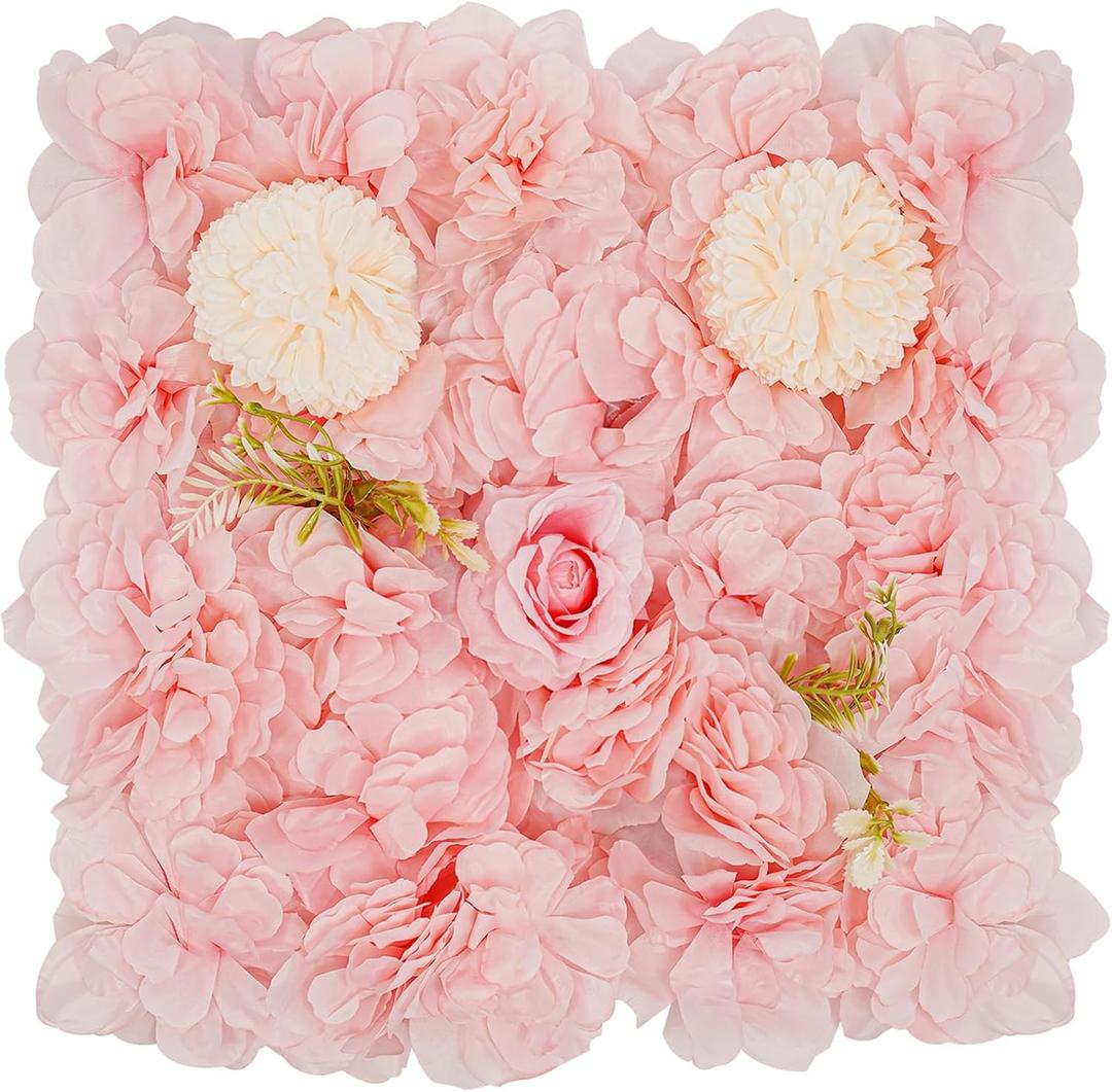 12Pcs Artificial Flower Wall Panel 3D Floral Backdrop Wall 15" X 15" Flower Wall Decor Flower Wall Backdrop Faux Flower Panel for Party Home Background Decor, Pink/Champagne (Pink, Champagne)