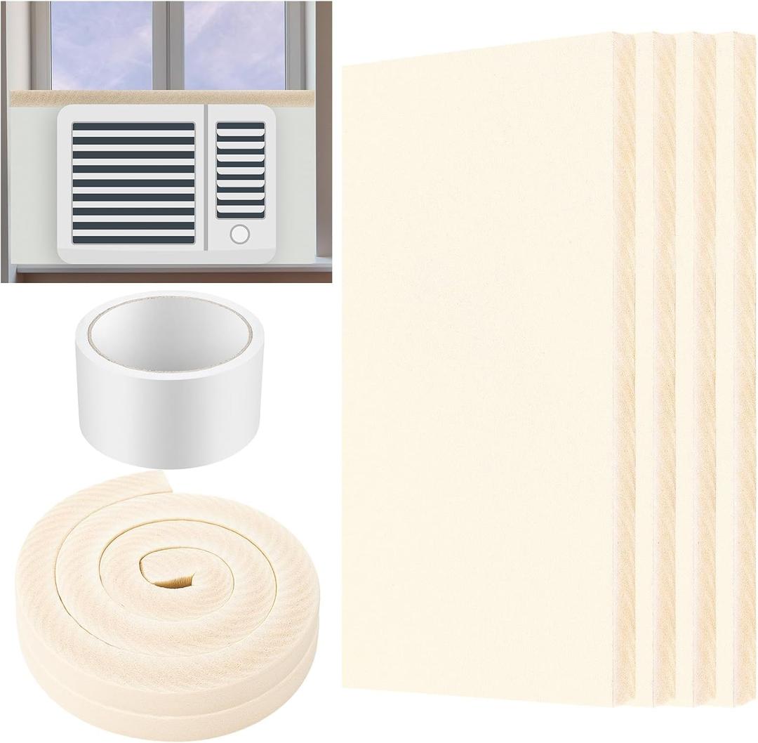 Pangda 4 Pcs 17 x 9 x 7/8 Inch Window Air Conditioner Insulated Foam Panels Insulation Winter Ac Side Surround Panels Kit with Top Seal Strip for Summer and Winter Indoor (Beige) (White)
