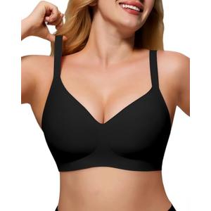 As Fairy Womens Soft Comfortable No Underwire Bras V Neck Seamless Push Up Bralettes Full Coverage Tshirt Brassiere, Black, 32D