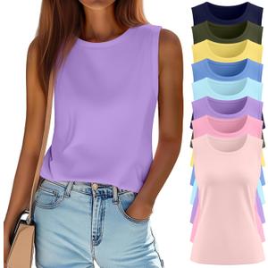 Ficerd 8 Pack Womens Sleeveless Tops, Crew Neck Loose Fit Tank Tops Basic Summer Trendy Shirts Casual Fashion T Shirts (S)