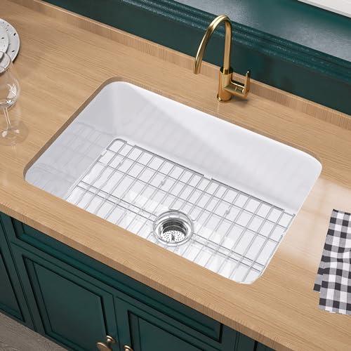 White Undermount Kitchen Sink 27 Inch - Topmount Fireclay Drop In Sink 27"x19"x10", Dual Mount Heavy Duty Deep Single Bowl, w 2 Accessories, Glossy White, for Kitchen & Laundry & Small Space