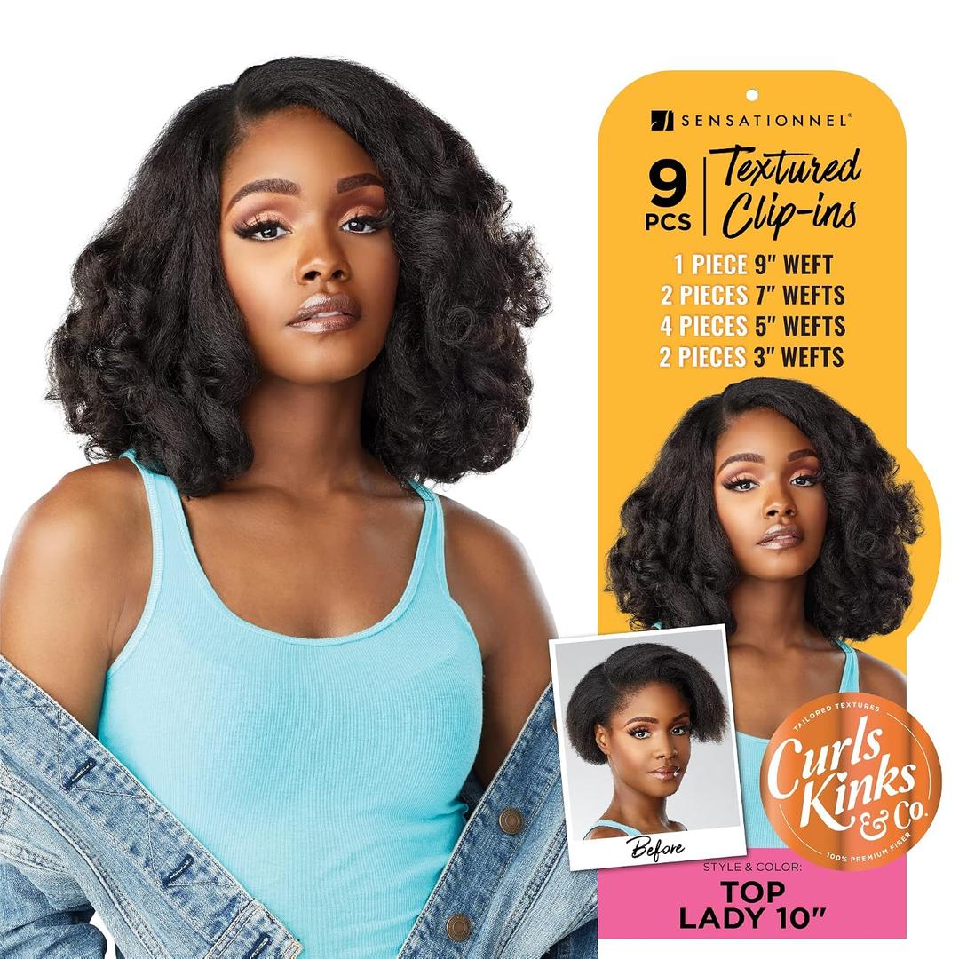 Sensationnel Curls Kinksandco Clip In - Top Lady 10 Inch Easy To Use Clips For Natural 3C To 4C Hair Textures (1 Jet Black)