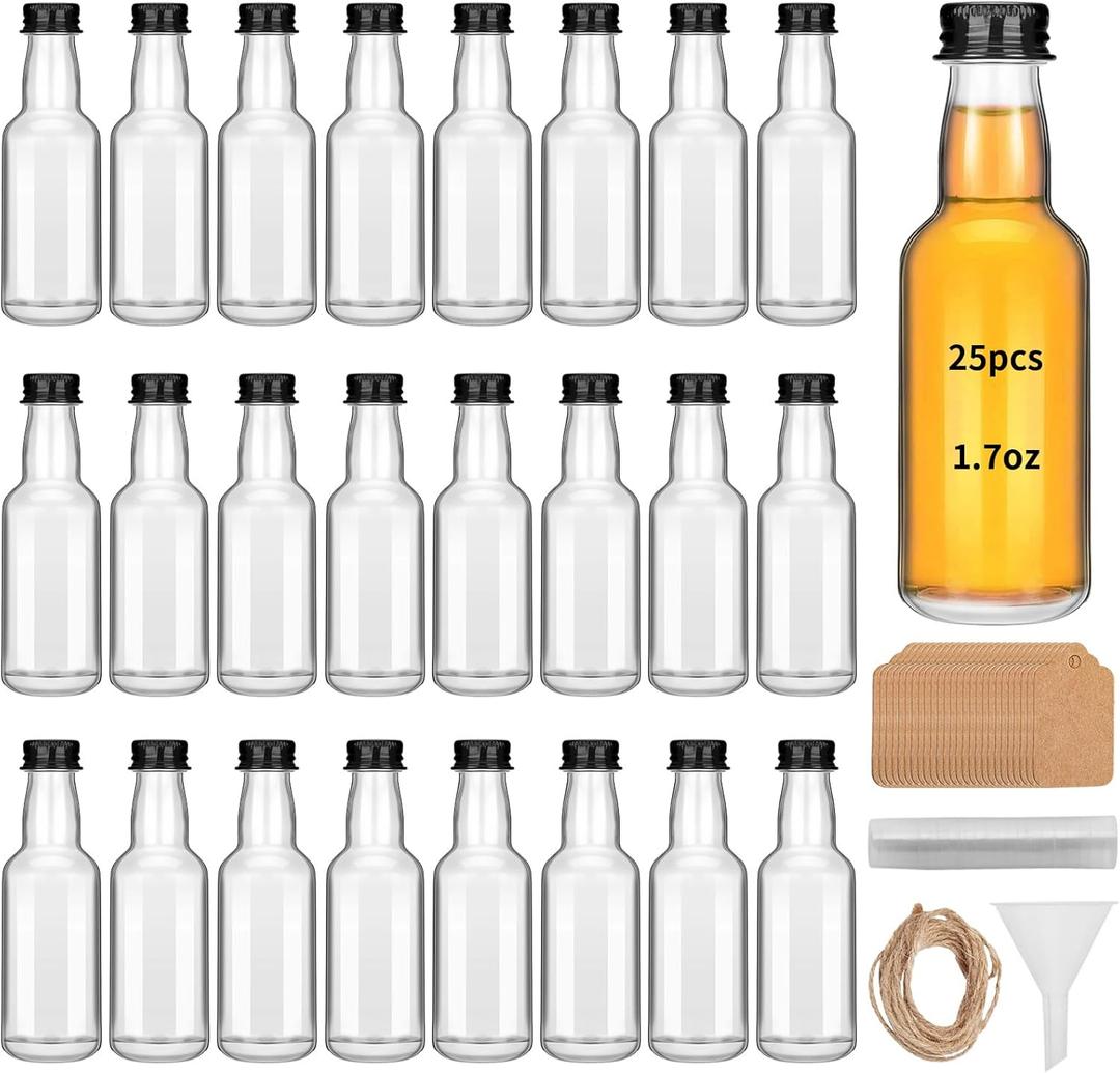 25 Mini Glass Liquor Bottles with Black Aluminum Screw Caps - Reusable Empty 50 ml/ 1.7oz Wine Bottles for Christmas, Birthday, Weddings, Parties and Favors