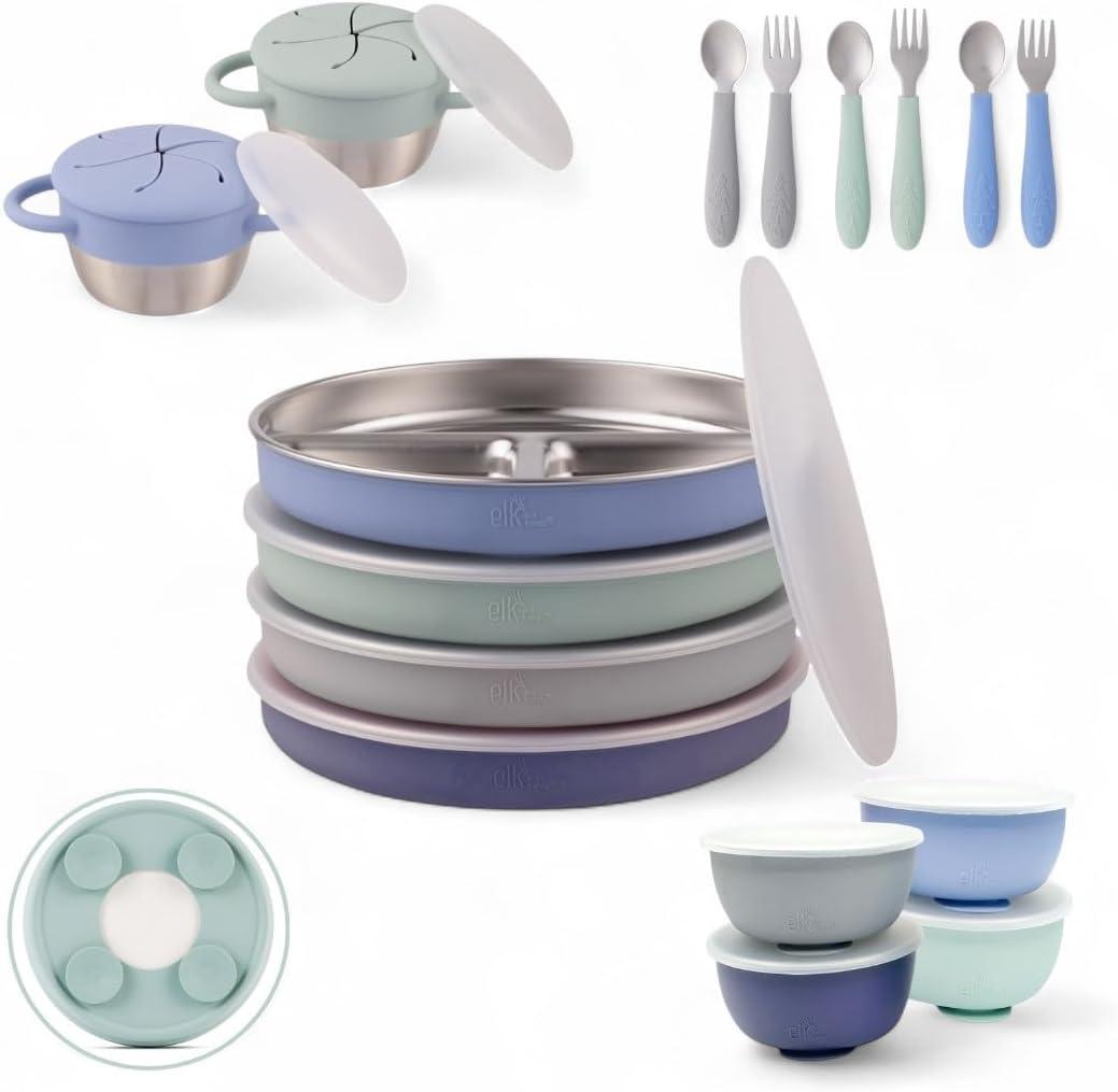 Elk and Friends Kids Stainless Steel Mealtime Bundle | Plates, Bowls, Snack Cups + Toddler Utensils | Silicone Sleeves + Travel Storage Lids | For Meals + Snacks | Dishwasher Safe missing pieces missing two plates