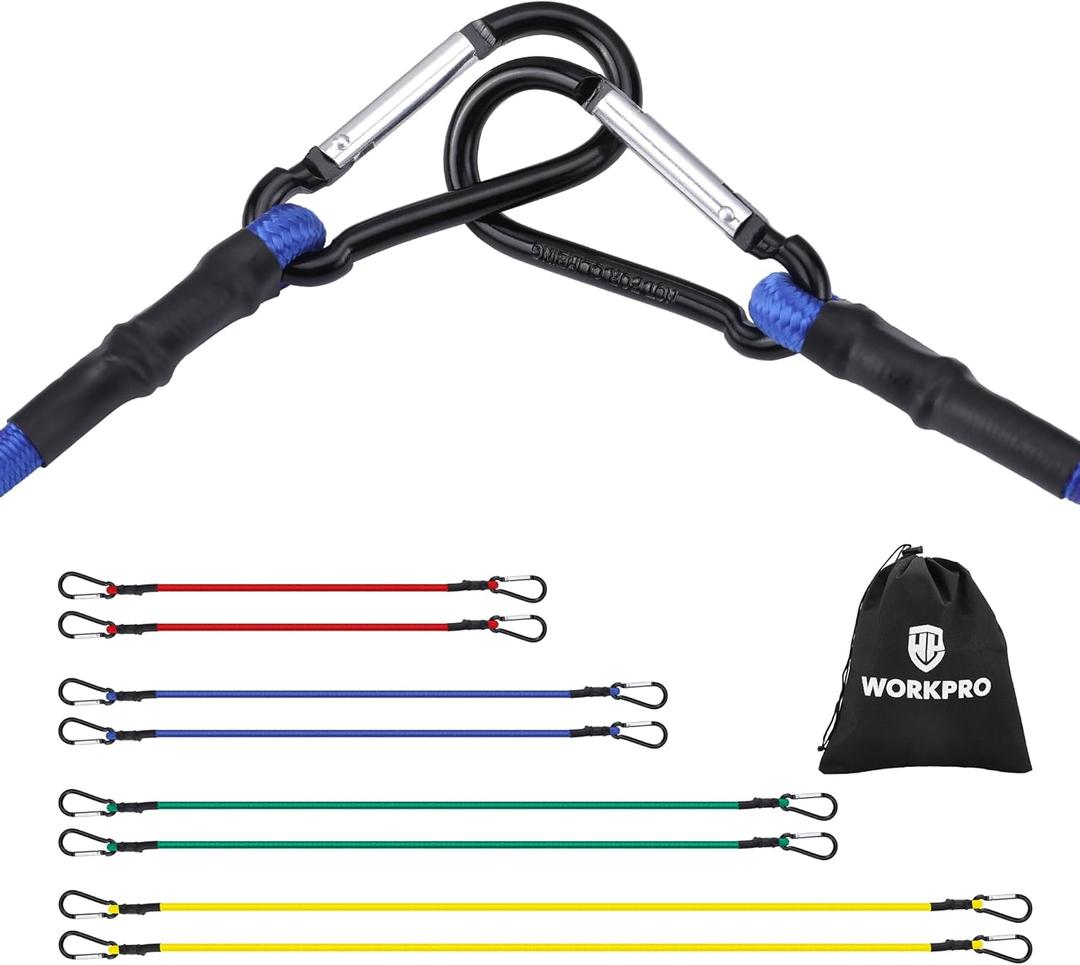 WORKPRO Bungee Cords Heavy Duty Outdoor - 8 PCS Bungee Cords with Hooks in a Storage Bag Includes 18", 24", 48", 60" Bungie Cord Bundle Assortment with Metal Hook, Bungee Straps