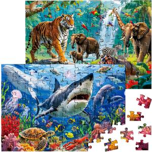 Puzzles for Kids Ages 4-6, 2 x 100 Pieces Jigsaw Puzzles for Kids Ages 3 4 5 6, Forest Animals and Underwater Ocean Puzzle Learning & Educational Games Birthday Xmas Gift for Boys Girls Toddlers 3-8