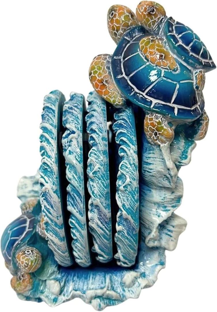 BestgiftEver Nautical Coaster Set with Turtle and Ocean Wave Design - Beach House-Inspired Kitchen and Dining Room Accents and Accessories - Coastal Table Decor -