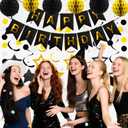 Black Gold Birthday Party Decorations Happy Birthday Banner with Honeycomb Balls Stars Hanging Swirl Streamers Buntings Circle Dots Garland for Birthday Party