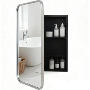 Brushed Metal Medicine Cabinet, Rounded Rectangle Bathroom Mirror with Storage, 2 Adjustable Shelves, Recessed or Surface Mount Mounting, Reversible Door (Brushed Sliver, 16x24)