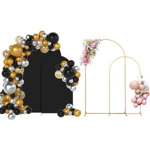 SuuWoee Arch Backdrop Stand Set of 2 With Black Cover (7.2FT+6FT) Gold Metal Wedding Arch Stand Balloon Arched for Birthday Party Baby Shower Graduation Ceremony Decoration