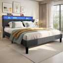 DWVO King Size Bed Frame with Storage Headboard, Upholstered Bed Frame with LED Lights, Platform Bed with Charging Station, No Box Spring Needed, Easy Assembly, Grey