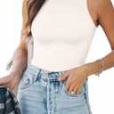 MANGOPOP Women's Tank Top Body Suits Sexy Crew Neck Racerback Halter Ribbed Sleeveless Long Sleeve Bodysuit Going Out Tops (Medium, 01-Sleeveless White)