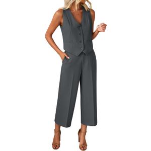 luvamia Pant Suits for Women Dressy Casual 2 Piece Sets Sleeveless Blazer Vest with Wide Leg Capri Pants Work Outfit (Medium, Dark Grey)