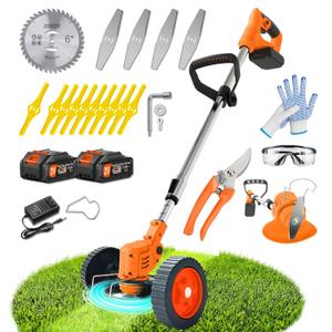 Cordless Weed Wacker Eater Battery Powered, 21V Lightweight Electric Weed Trimmer with 2 Battery Operated & Charger& Wheels & Shears, No-String Grass Trimmer/Brush Cutter/Lawn Edger for Yard Garden