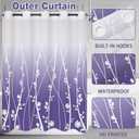 No Hook Shower Curtain Whith Snap in Liner Set, Purple Ombre Floral Striped Fabric Shower Curtains for Bathroom Hotel Decor 71x74 Inches
