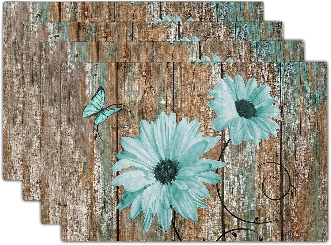 Giwawa Rustic Daisy Placemats Set of 4- Teal Sunflowers on Vintage Wood Board Linen Place Mat- Farmhouse Wooden Non Slip Heat Resistant Table Mats for Dining Kitchen Cabin Lodge Decor
