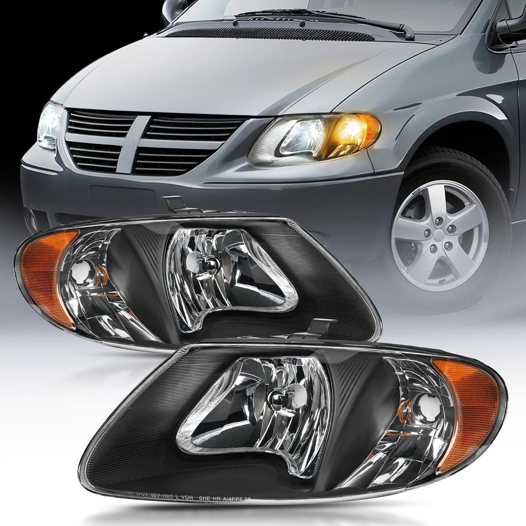 Nilight Headlight Assembly for 2001 2002 2003 2004 2005 2006 2007 Chrysler Town & Country 2001-2003 Voyager 2001-2007 Dodge Grand Caravan Replacement Black Housing Amber Reflector