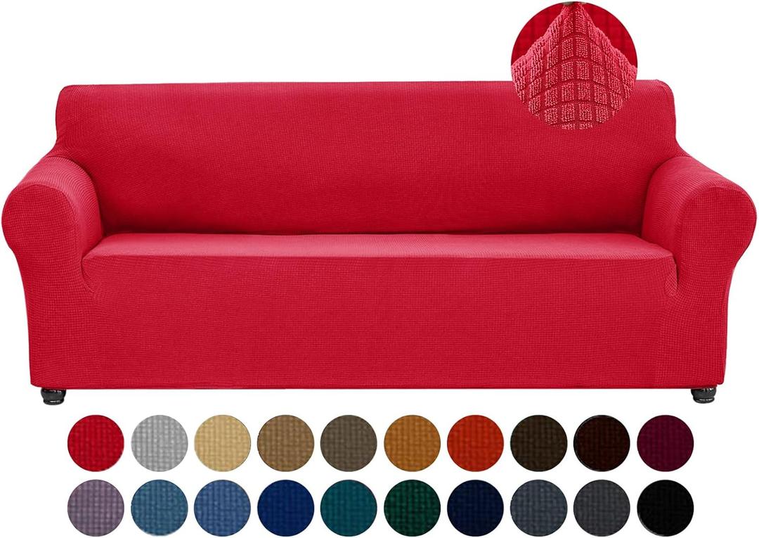 Joccun Christmas Stretch Couch Cover Slipcovers, 1-Piece Sofa Covers for 3 Cushion Couch Spandex Jacquard Washable Furniture Protector Cover for Living Room,Kids,Pets(Sofa,Ruby) (Large78"-94")