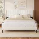 King Size Bed Frame with Vertical Chanel Tufted Headboard and Wingback, Upholstered Platform Bed, Strong Wooden Slats, Easy Assembly, Noise Free, No Box Spring Needed, Beige Velvet