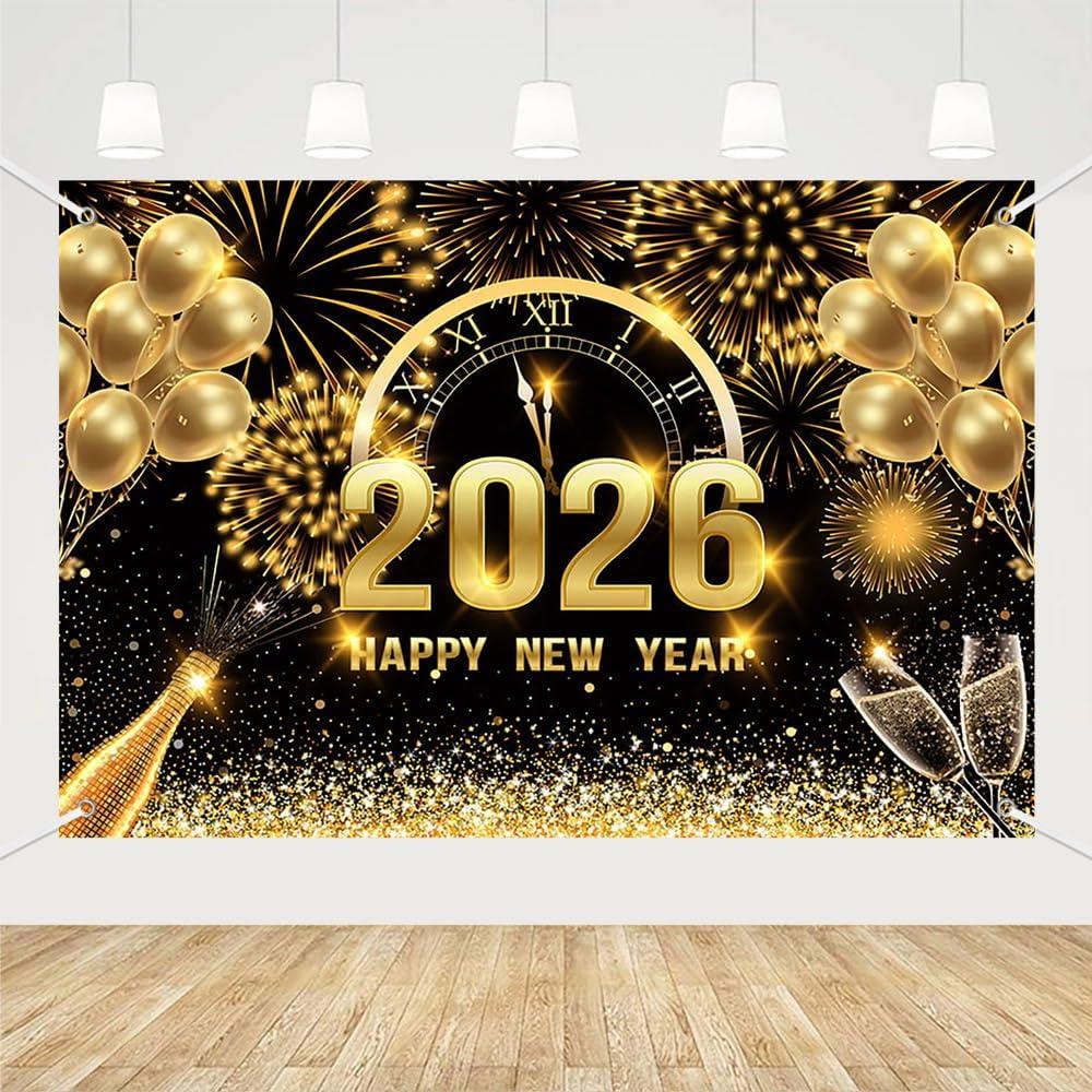 MEHOFOND 7x5 ft Black and Gold 2026 Happy New Year Backdrop Cheers to 2026 New Year Eve Glitter Photography Background Hello 2026 Party Champagne Balloon Fireworks Decor Banner Cake Smash Photo Props