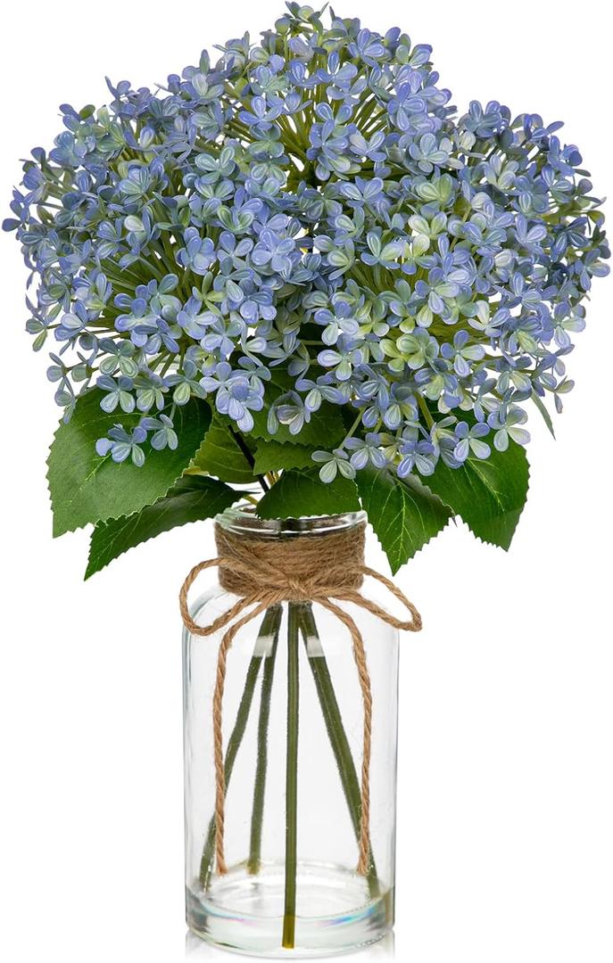 Artificial Hydrangea Flowers in Glass Vase with Faux Water, 13.8" Fake Blue Hydrangeas Arrangement Centerpiece for Home Caf Kitchen Bathroom Decoration
