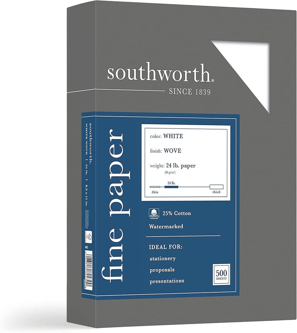 Southworth 25% Cotton Business Paper, 8 1/2" x 11", 24 Lb, White, Box Of 500 Southworth 25% Cotton Business Paper, 8 1/2" x 11", 24 Lb, White, Box Of 500
