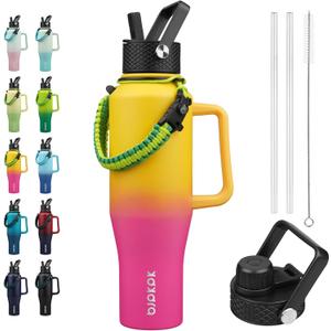 BJPKPK Insulated Water Bottles with Straw Lid, 40oz Metal Water Bottle with 2 lids & Paracord Strap, Double Wall Stainless Steel Tumbler with Handle, Reusable Cups, Mugs, Thermo, Pink & Yellow Rose