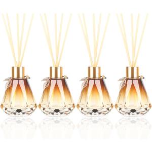 4pcs Reed Diffuser Empty Bottles With 20pcs Sticks, Delicate Gold Leaf Decor, Glass Fragrance Set With Lids for Home, Bathroom | Refillable, Diamond Style Gold