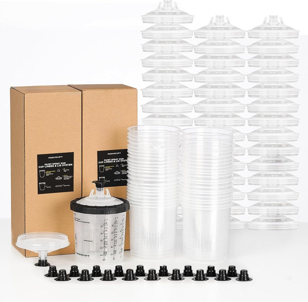 InoKraft Disposable Paint Spray Gun Cup, Paint System for HVLP and LVLP Paint Spray Paint Gun, Standard 22 Ounce (650ml) Kit with 45 Cups and Lids System, 1 Hard Cup with Retainer Ring and 20 Plugs