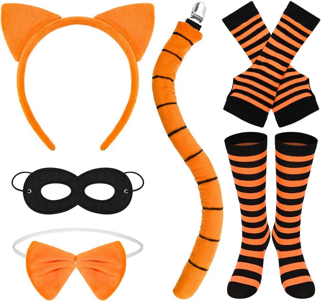 6 Pcs Orange Cat Costume Accessories Set Including Orange Cat Ears Headband Tail Bow Tie Black Mask Socks and Gloves for Halloween Storybook Fancy Dress Cosplay