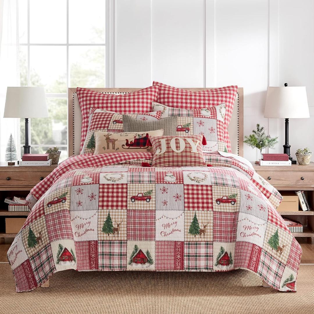 Levtex Home - Home for Christmas Quilt Set - King/Cal King Holiday Quilt 106x92 and Two King Pillow Shams 20x36 - Green, Red, Taupe and Cream - Reversible - Cotton/Polyester