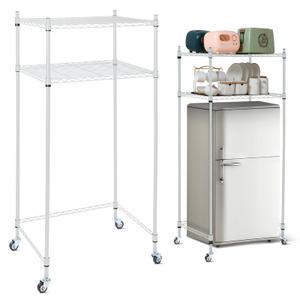 Tandefio 2 Tier Mini Fridge Stand with Storage for Dorm Microwave Stand Over Mini Fridge Storage Shelf with Wheels Adjustable Height Organizer for Kitchen College Rooms Pantry (White)