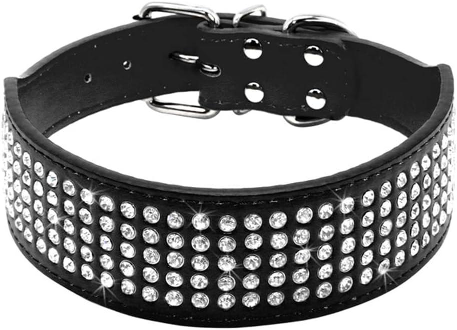 Serijoars Rhinestones Dog Collars, 2" Width Full Sparkly Crystal Diamonds Dazzling Sparkling Elegant Fancy PU Leather Dog Collar for Medium Large Dogs (L, Black)